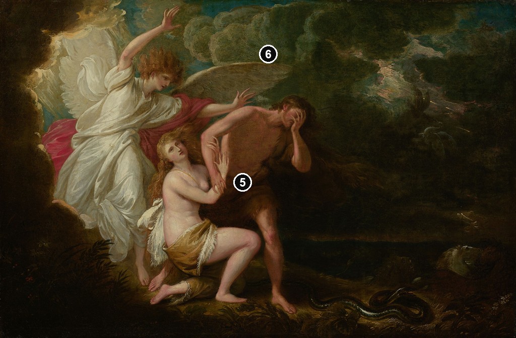 Annotated details from The Expulsion, study, 1791, retouched 1803 by Benjamin West